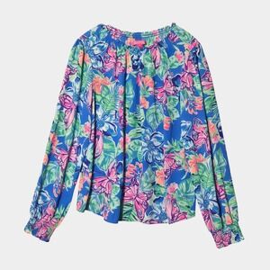 Lilly Pulitzer Luce Top Ruffled Smocked Cuff Blouse Multicolor L Preppy Resort